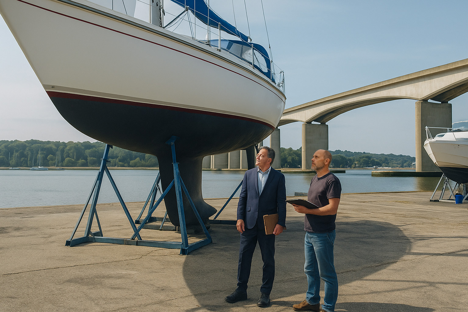 Surveyor inspecting a boat with a client